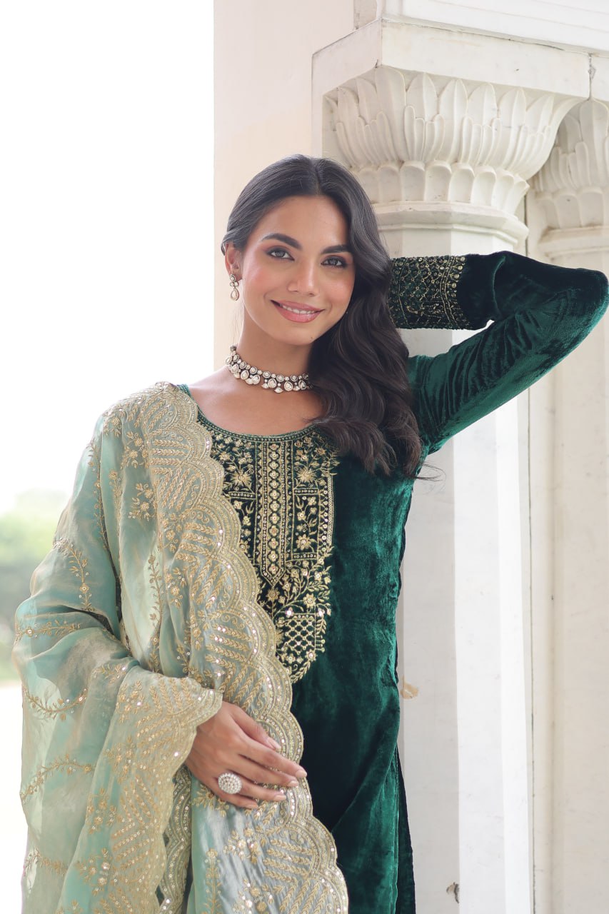Sheet Green Color Velvet Sequins Zari Embroidered Kurta Set with Dupatta
