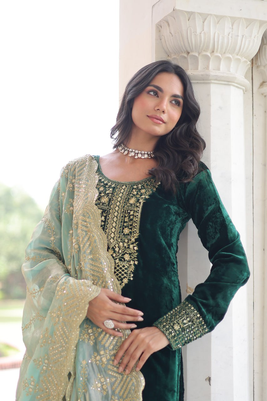 Sheet Green Color Velvet Sequins Zari Embroidered Kurta Set with Dupatta