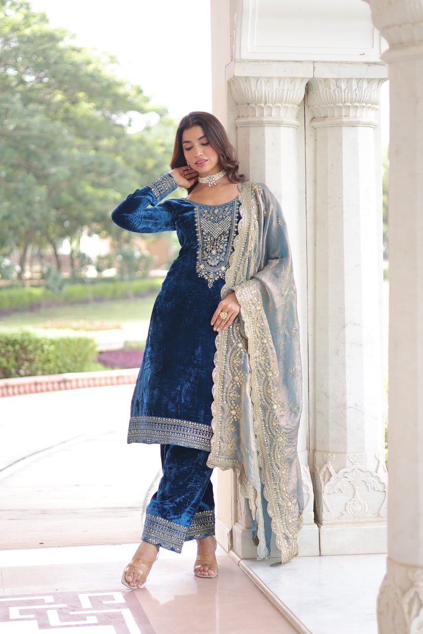 Sheet blue velvet sequins zari embroidered kurta set with dupatta