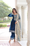 Sheet blue velvet sequins zari embroidered kurta set with dupatta