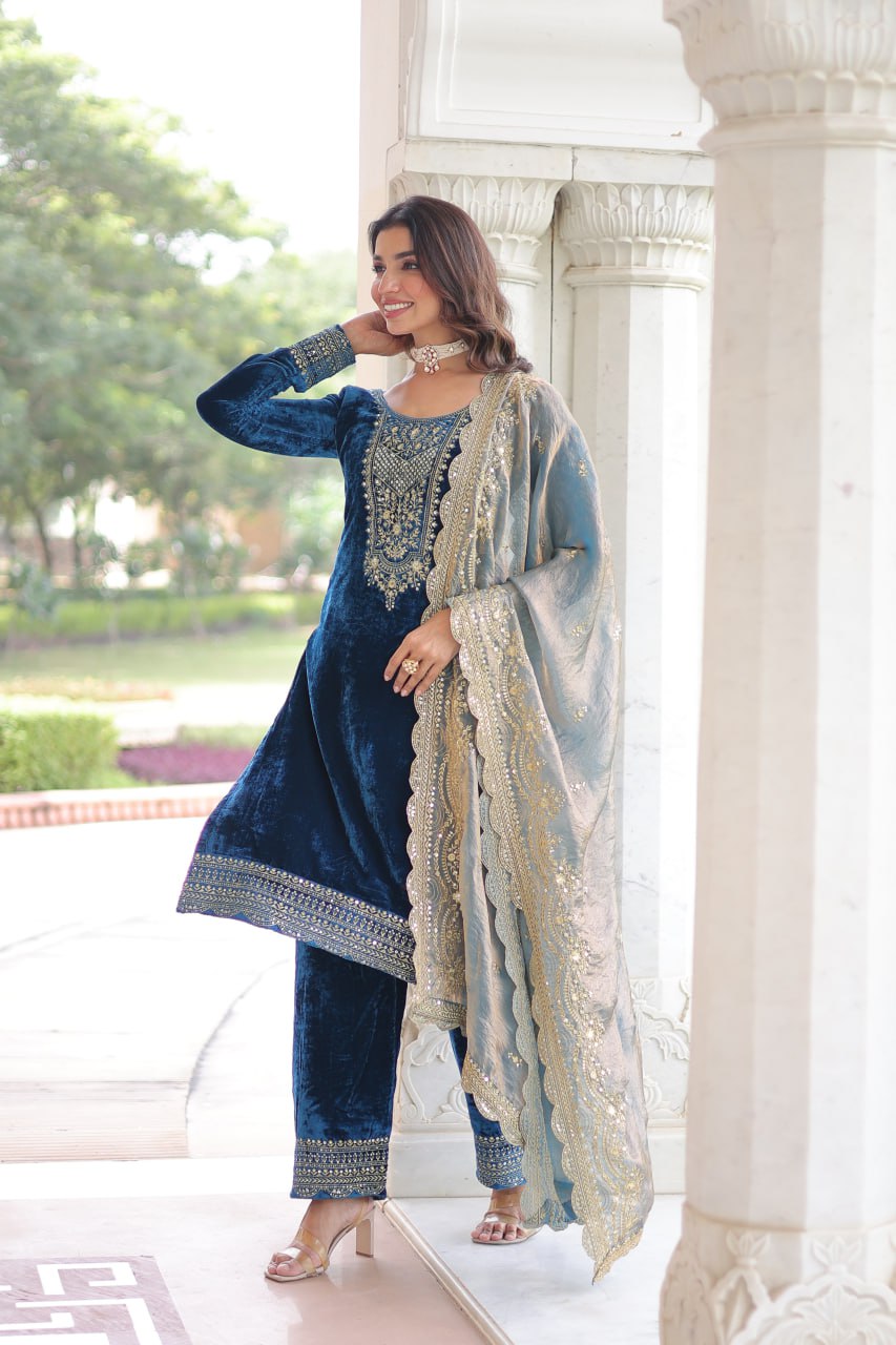 Sheet blue velvet sequins zari embroidered kurta set with dupatta