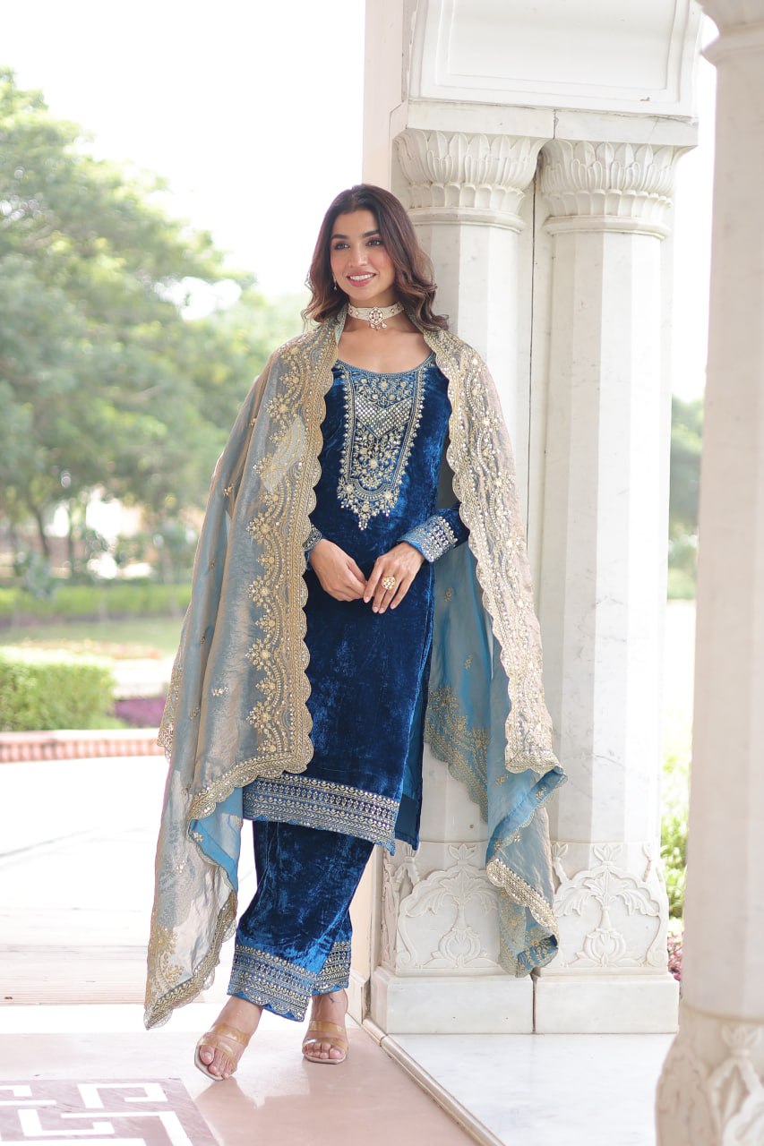 Sheet blue velvet sequins zari embroidered kurta set with dupatta