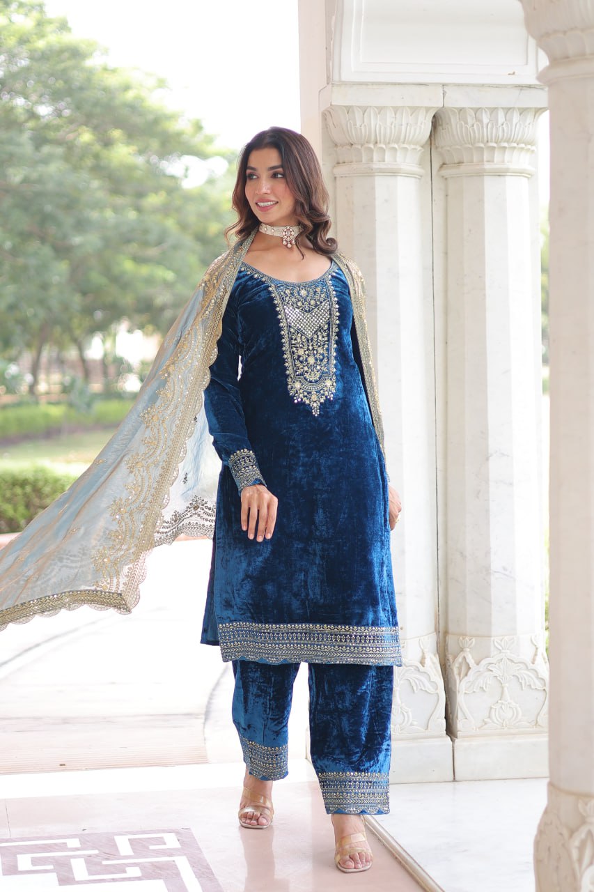 Sheet blue velvet sequins zari embroidered kurta set with dupatta
