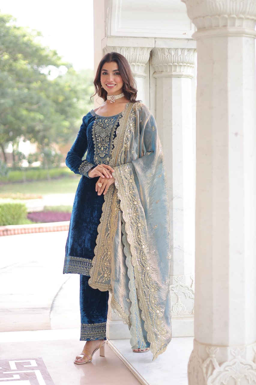 Sheet blue velvet sequins zari embroidered kurta set with dupatta