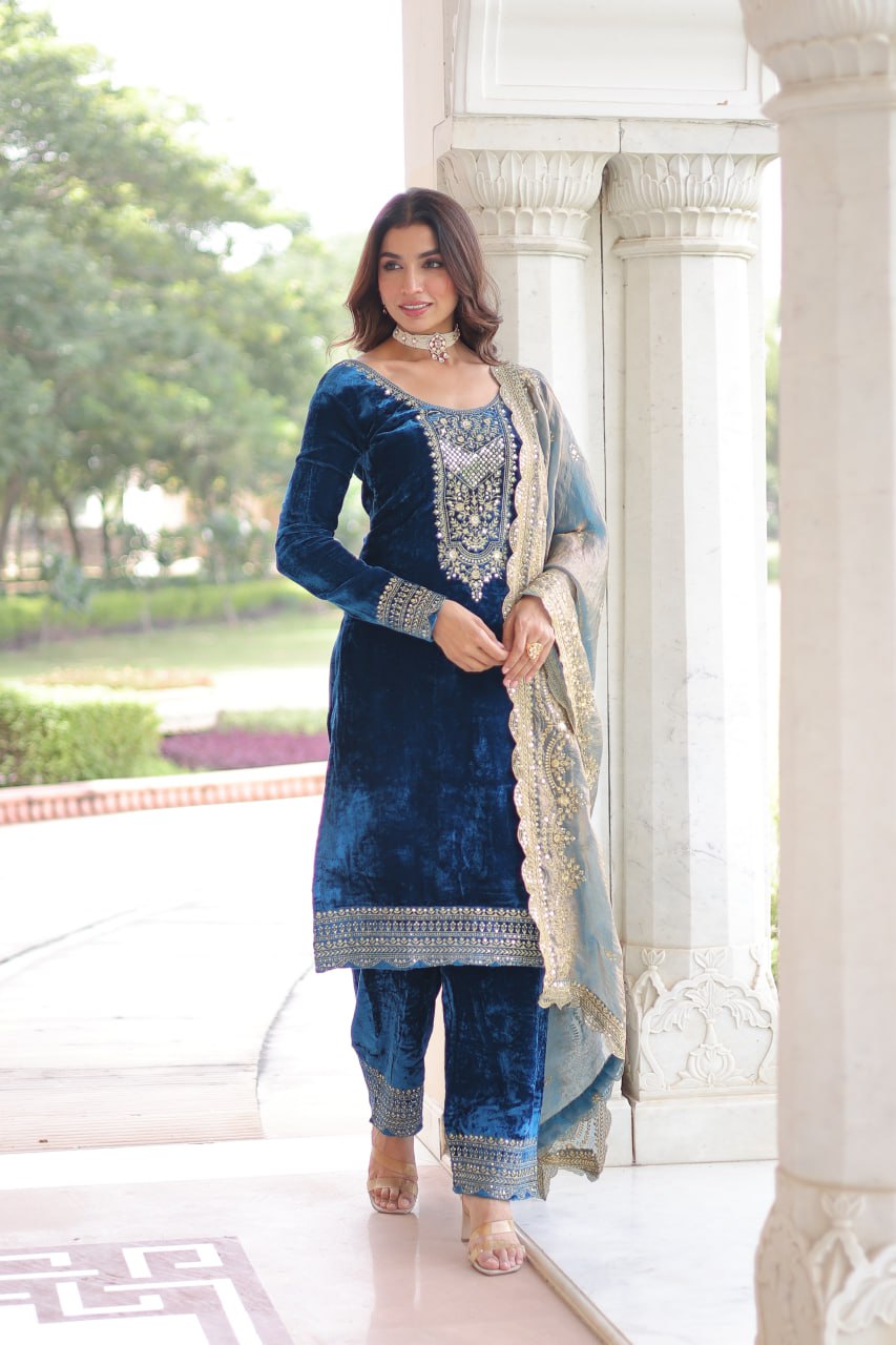 Sheet Blue Color Velvet Sequins Zari Embroidered Kurta Set with Dupatta