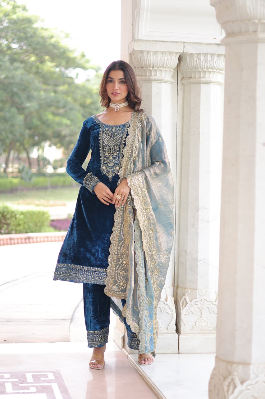 Sheet blue velvet sequins zari embroidered kurta set with dupatta