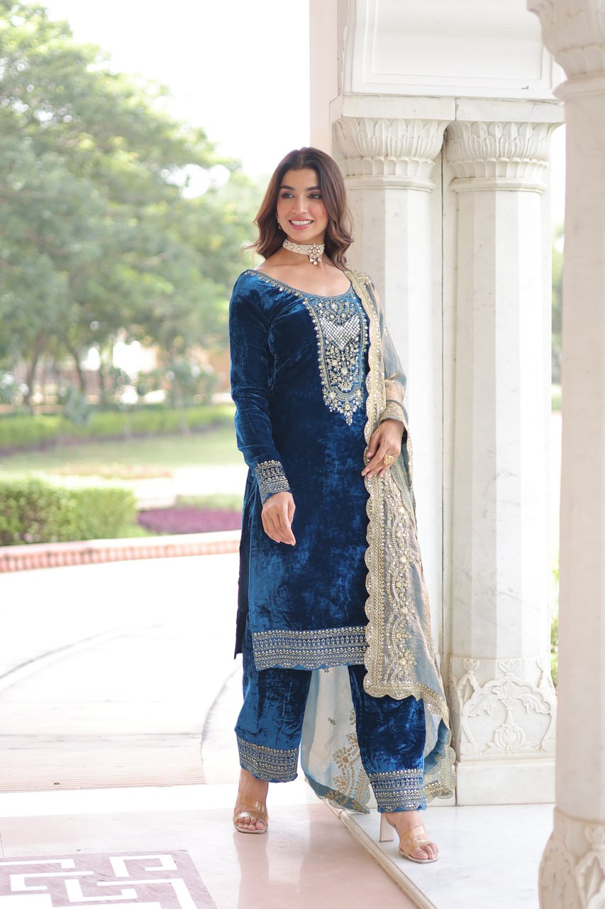 Sheet blue velvet sequins zari embroidered kurta set with dupatta