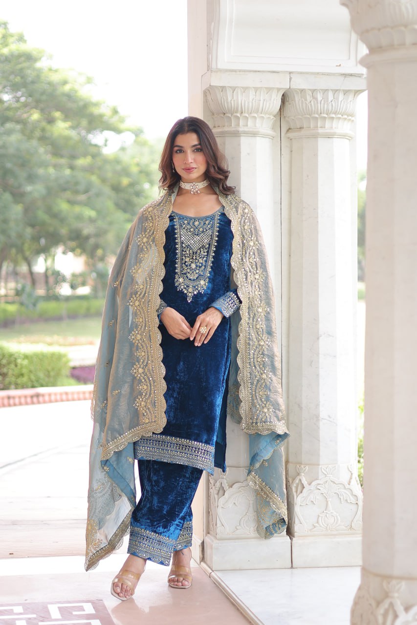 Sheet blue velvet sequins zari embroidered kurta set with dupatta