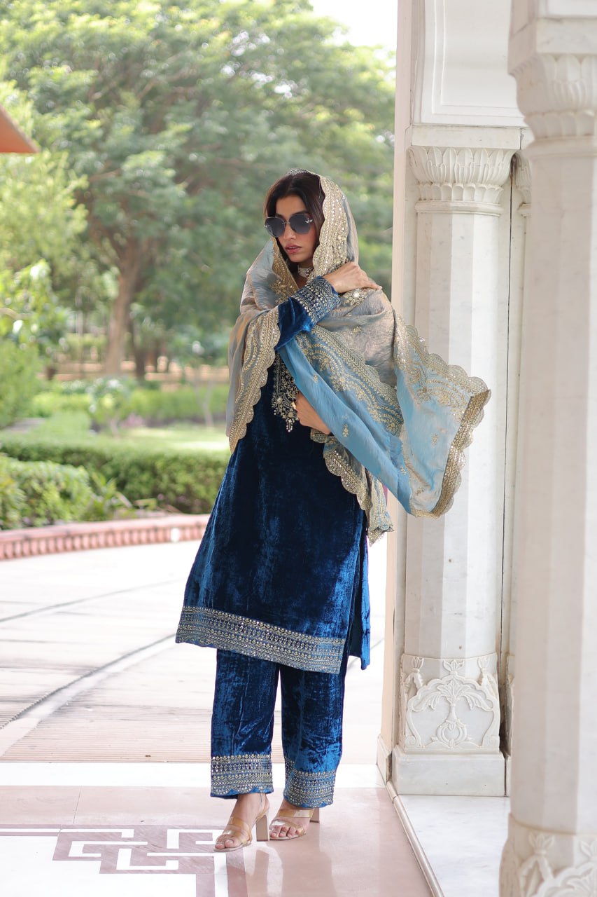 Sheet blue velvet sequins zari embroidered kurta set with dupatta