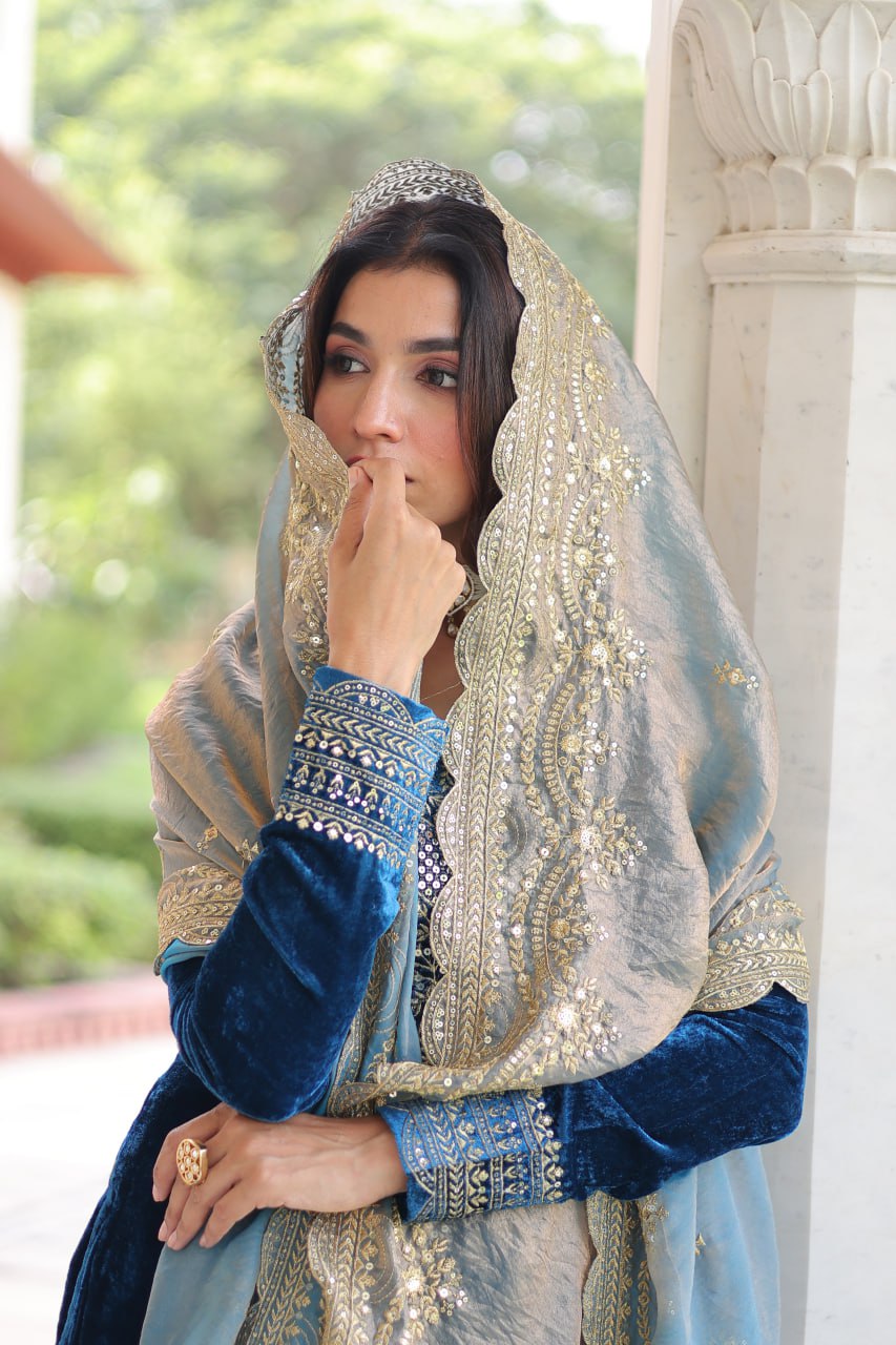 Sheet blue velvet sequins zari embroidered kurta set with dupatta