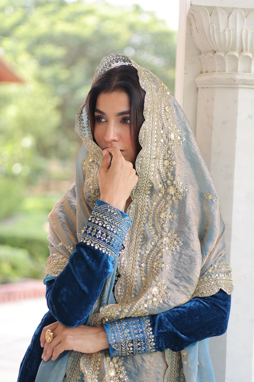 Sheet blue velvet sequins zari embroidered kurta set with dupatta
