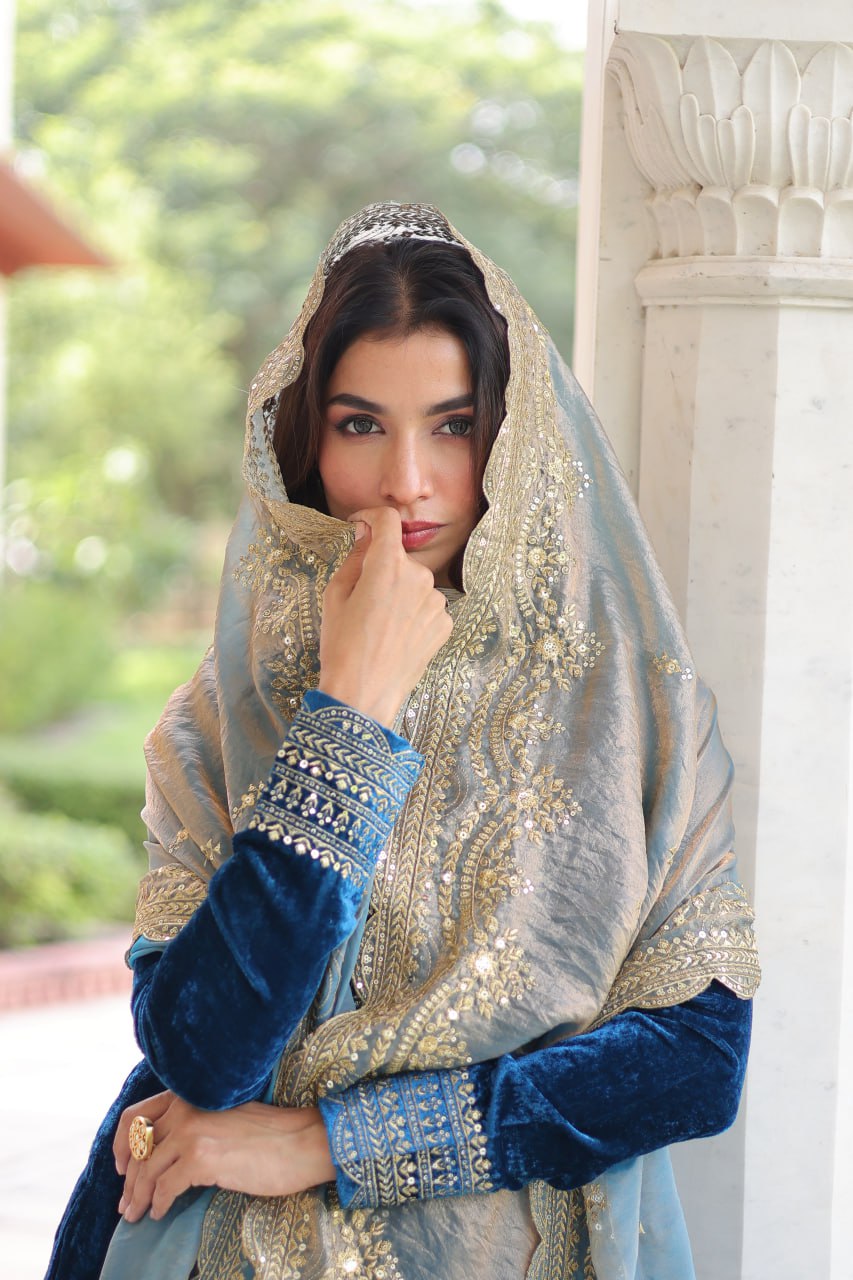 Sheet blue velvet sequins zari embroidered kurta set with dupatta