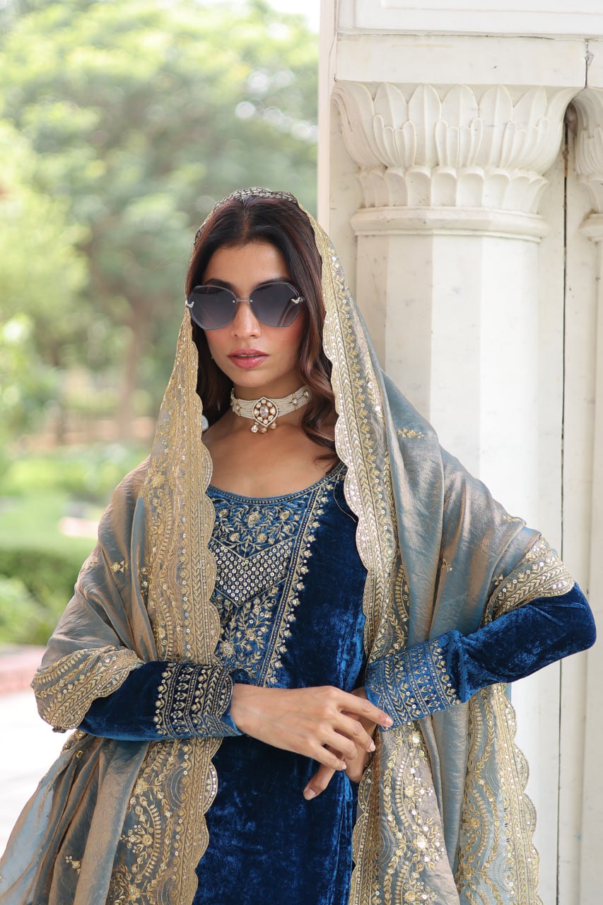Sheet blue velvet sequins zari embroidered kurta set with dupatta