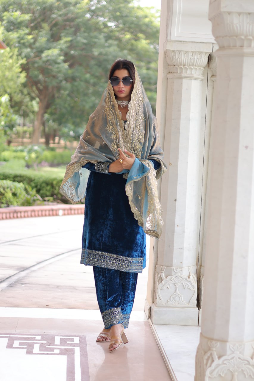 Sheet blue velvet sequins zari embroidered kurta set with dupatta