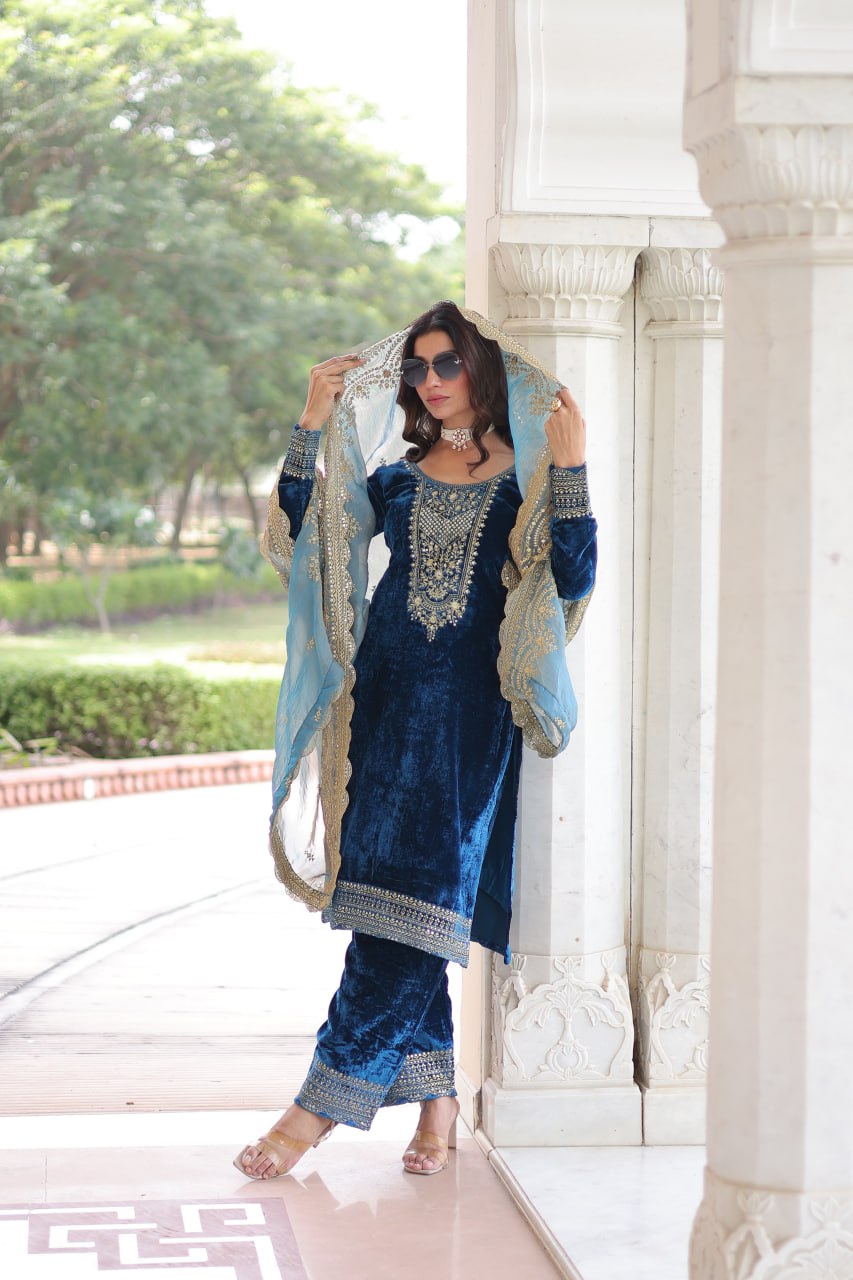 Sheet blue velvet sequins zari embroidered kurta set with dupatta
