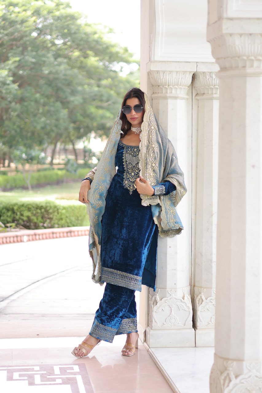 Sheet blue velvet sequins zari embroidered kurta set with dupatta