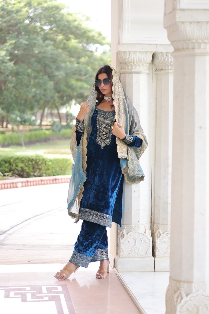 Sheet blue velvet sequins zari embroidered kurta set with dupatta