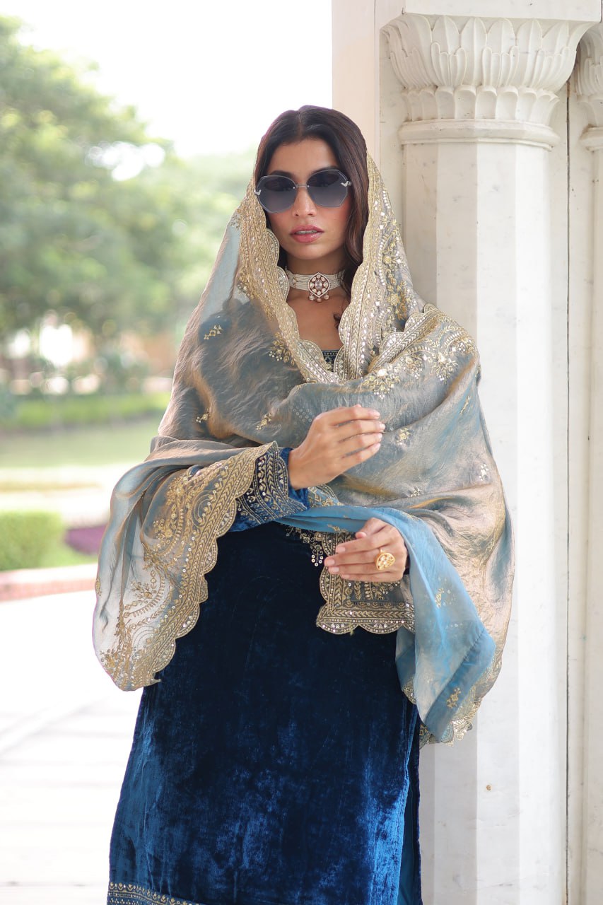 Sheet blue velvet sequins zari embroidered kurta set with dupatta