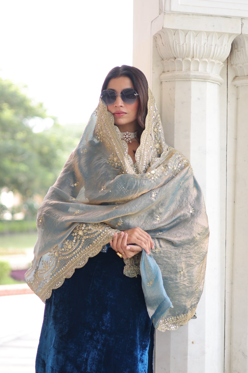 Sheet blue velvet sequins zari embroidered kurta set with dupatta