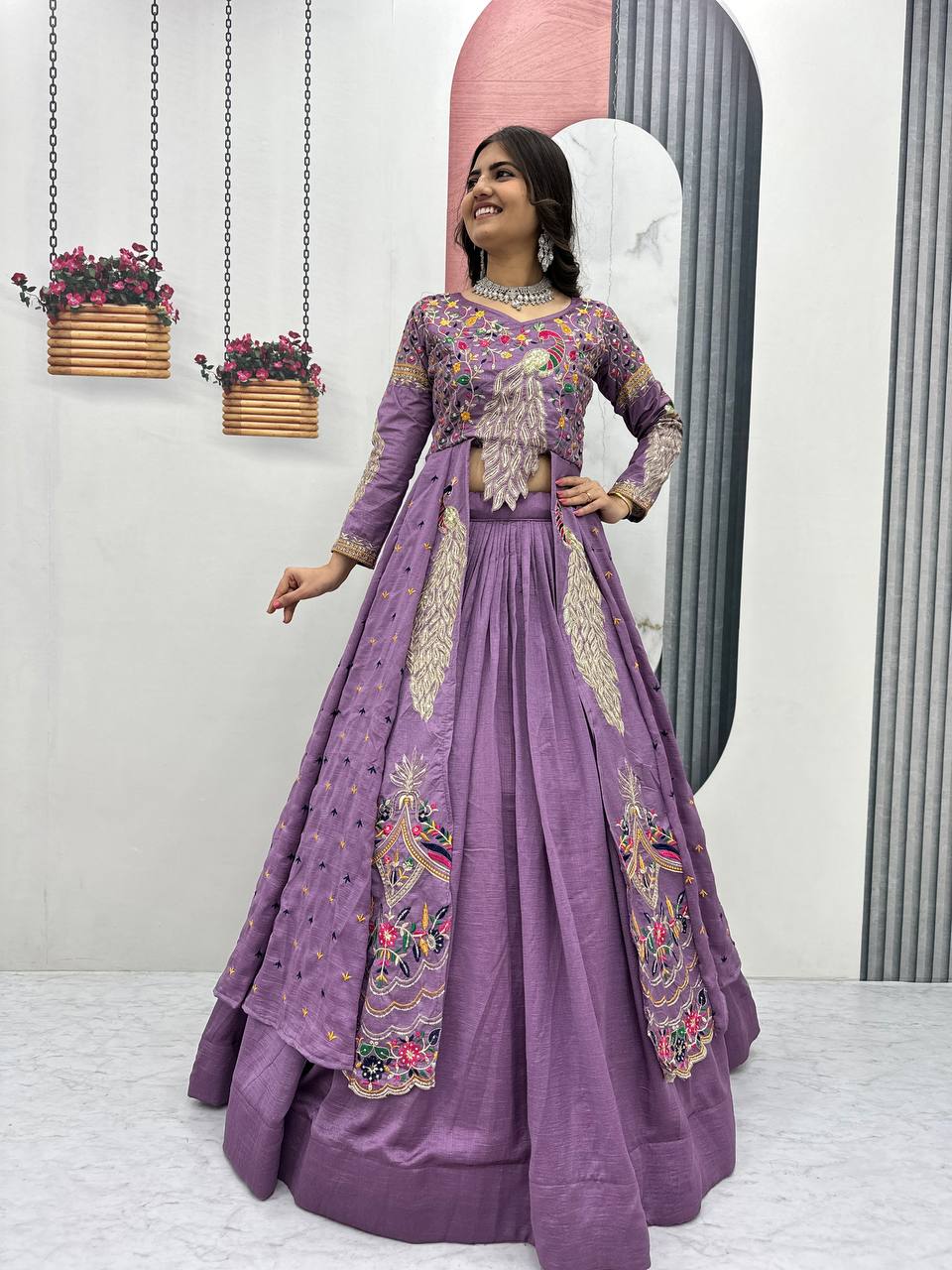 Mani Lavender Color Vichitra Silk Crop Top Peacock Design Lehenga with Embroidered Shrug