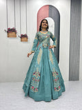 Mani Teal Color Vichitra Silk Crop Top Peacock Design Lehenga with Embroidered Shrug