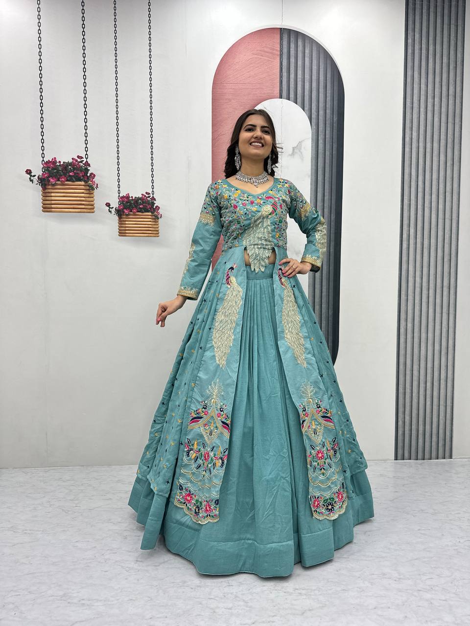 Mani Teal Color Vichitra Silk Crop Top Peacock Design Lehenga with Embroidered Shrug