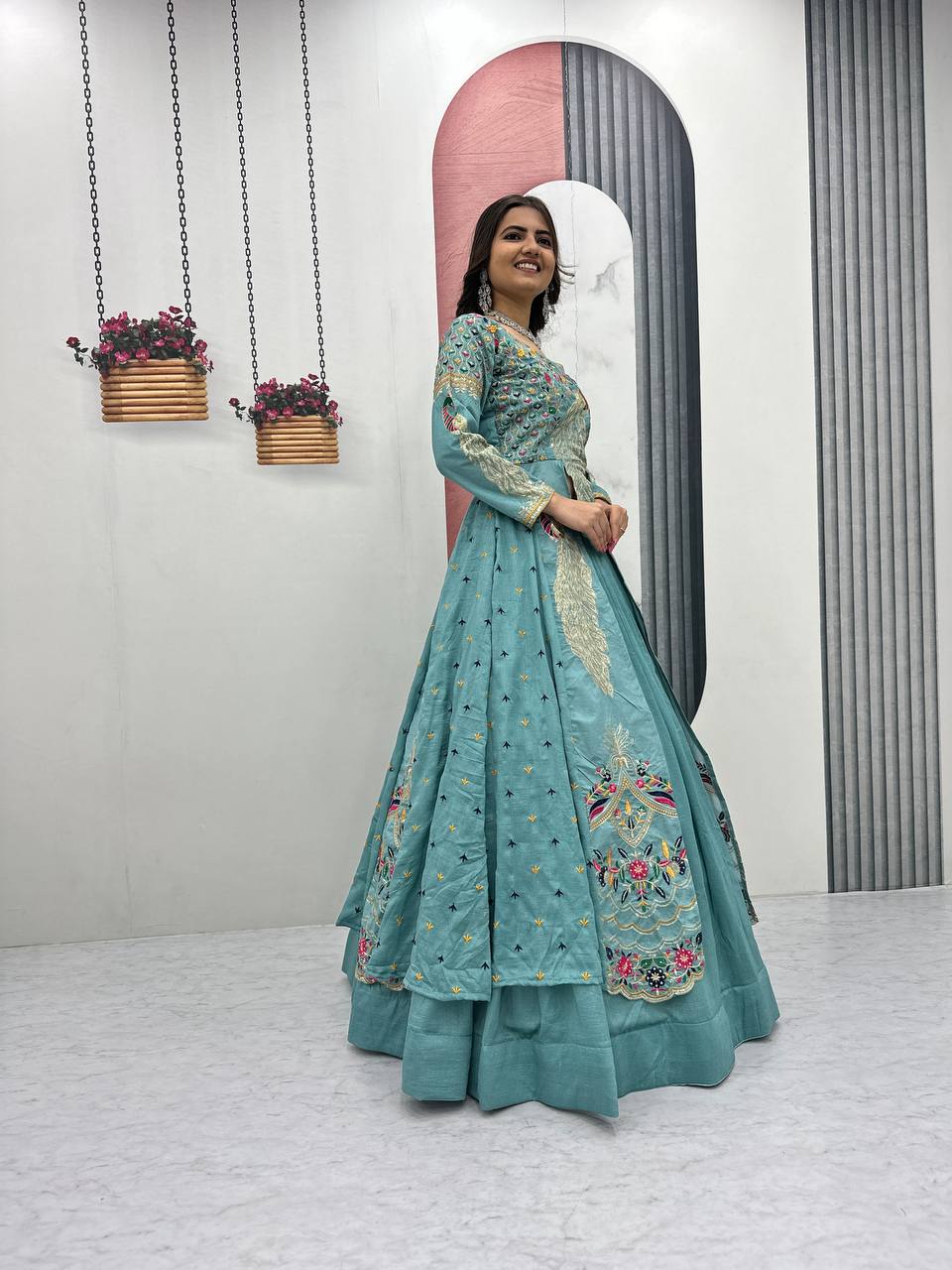Mani Teal Color Vichitra Silk Crop Top Peacock Design Lehenga with Embroidered Shrug
