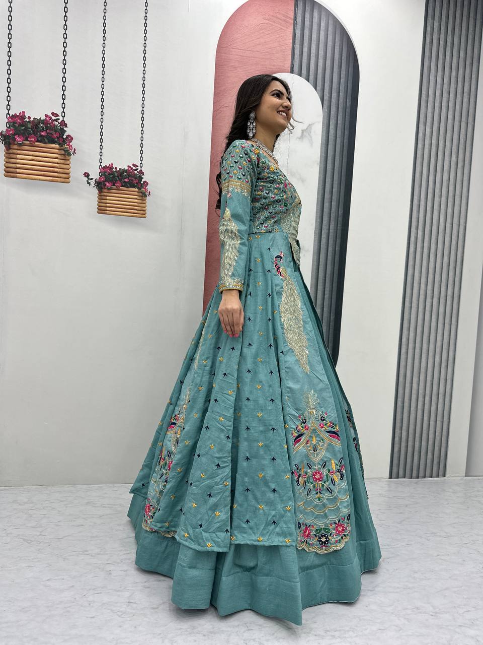 Mani Teal Color Vichitra Silk Crop Top Peacock Design Lehenga with Embroidered Shrug