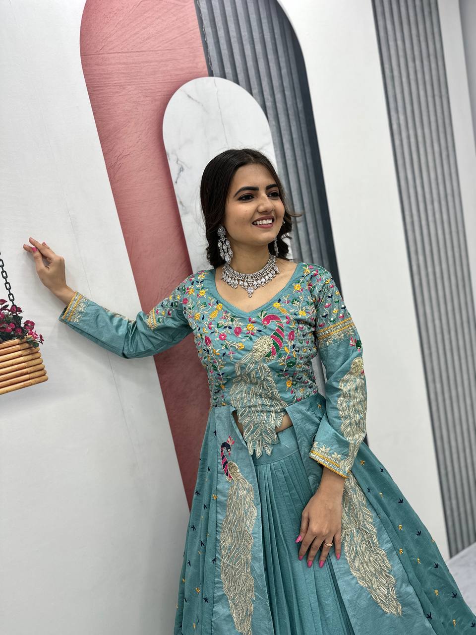 Mani Teal Color Vichitra Silk Crop Top Peacock Design Lehenga with Embroidered Shrug