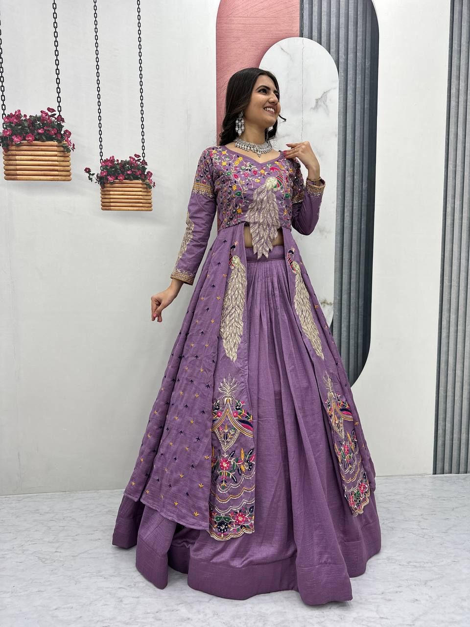 Mani Lavender Color Vichitra Silk Crop Top Peacock Design Lehenga with Embroidered Shrug