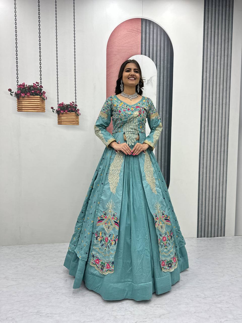 Mani Teal Color Vichitra Silk Crop Top Peacock Design Lehenga with Embroidered Shrug
