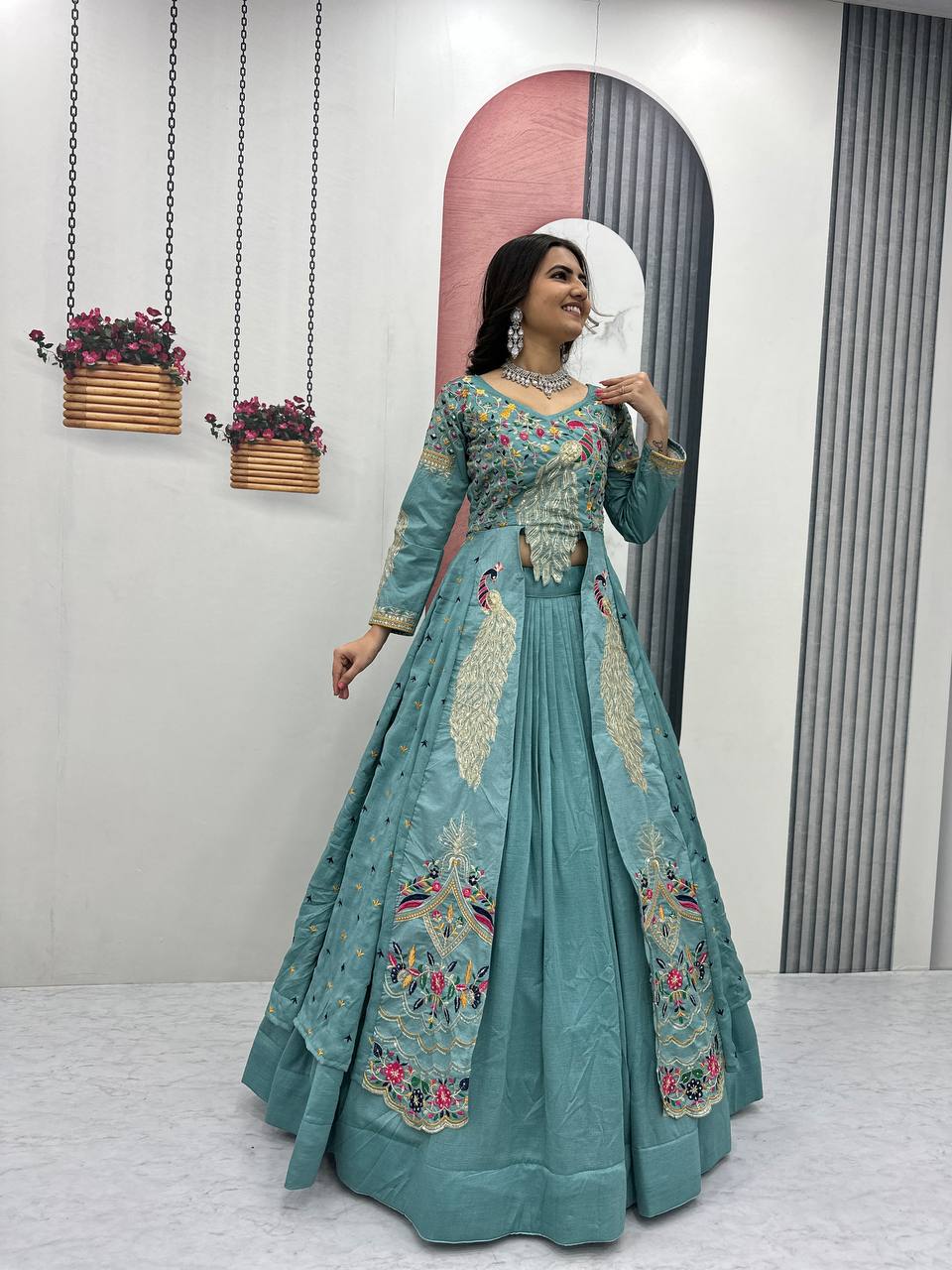 Mani Teal Color Vichitra Silk Crop Top Peacock Design Lehenga with Embroidered Shrug