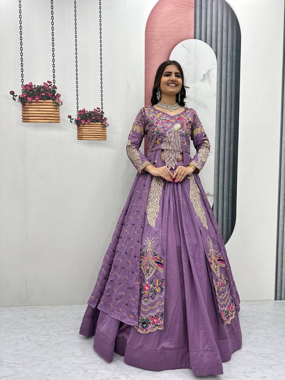 Mani Lavender Color Vichitra Silk Crop Top Peacock Design Lehenga with Embroidered Shrug
