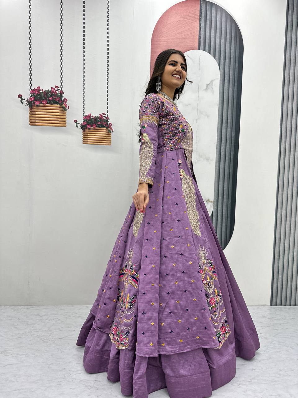 Mani Lavender Color Vichitra Silk Crop Top Peacock Design Lehenga with Embroidered Shrug