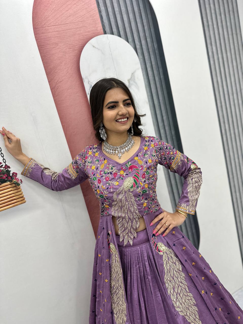 Mani Lavender Color Vichitra Silk Crop Top Peacock Design Lehenga with Embroidered Shrug