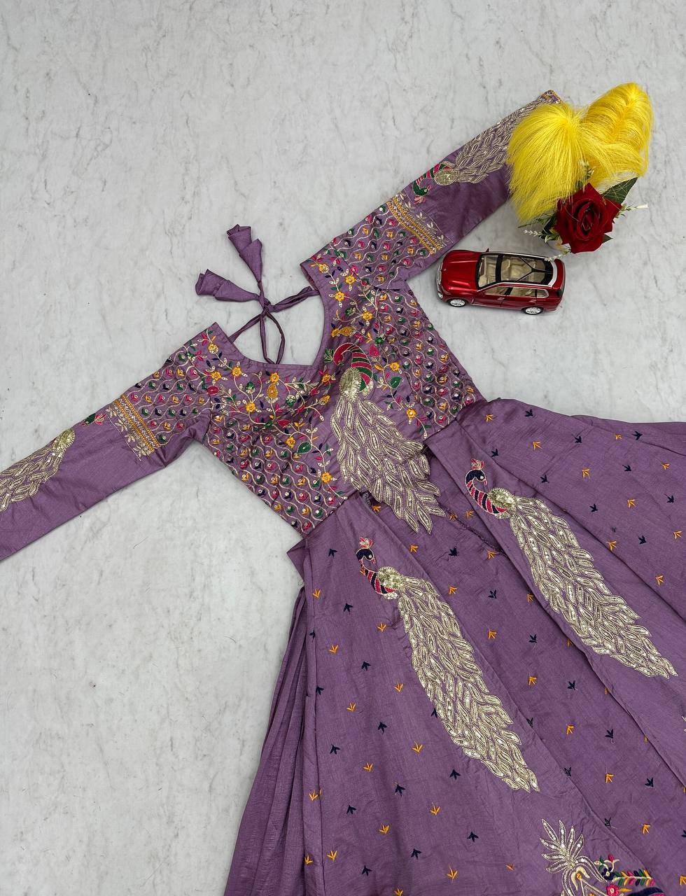 Mani Lavender Color Vichitra Silk Crop Top Peacock Design Lehenga with Embroidered Shrug