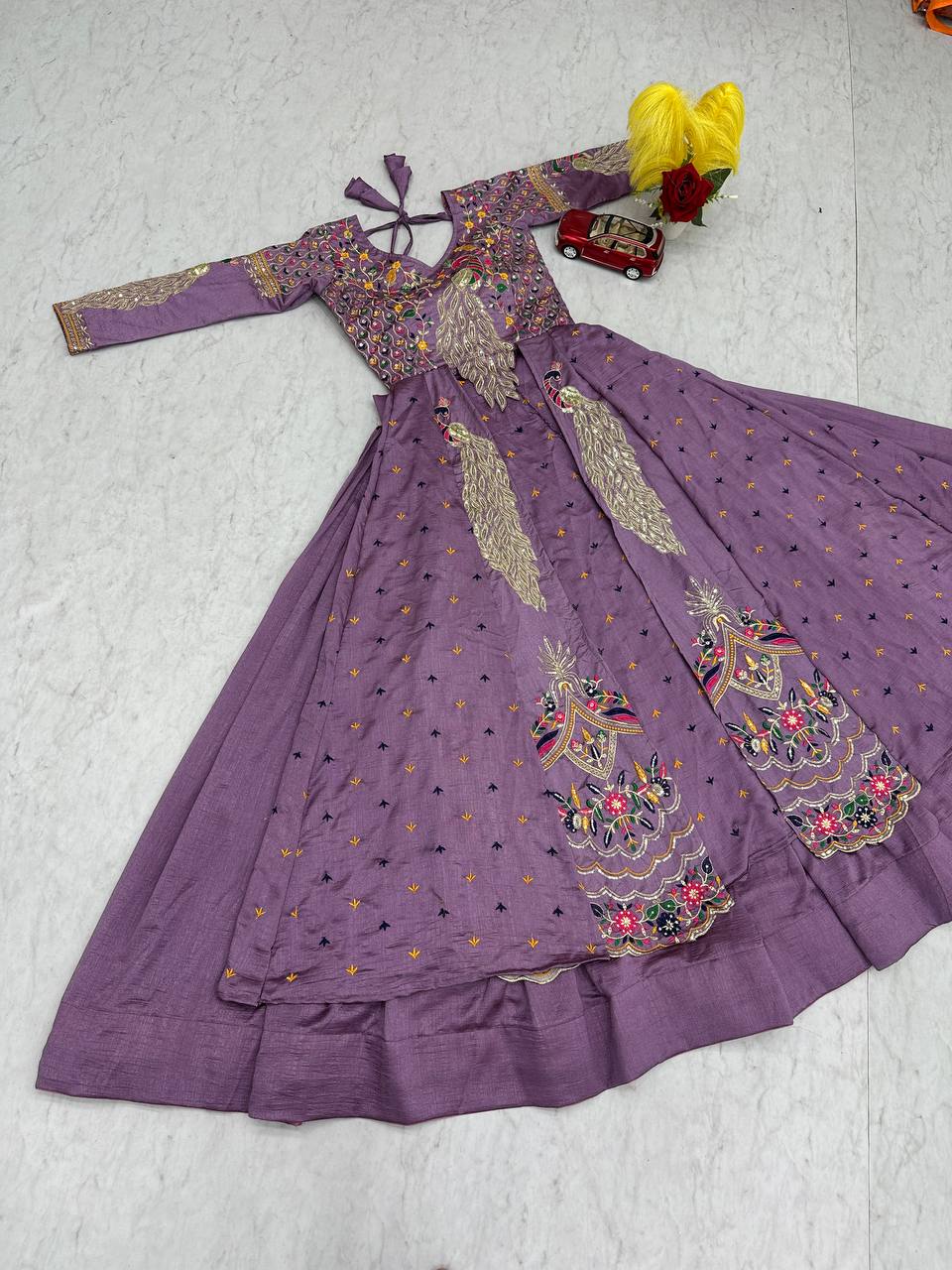 Mani Lavender Color Vichitra Silk Crop Top Peacock Design Lehenga with Embroidered Shrug