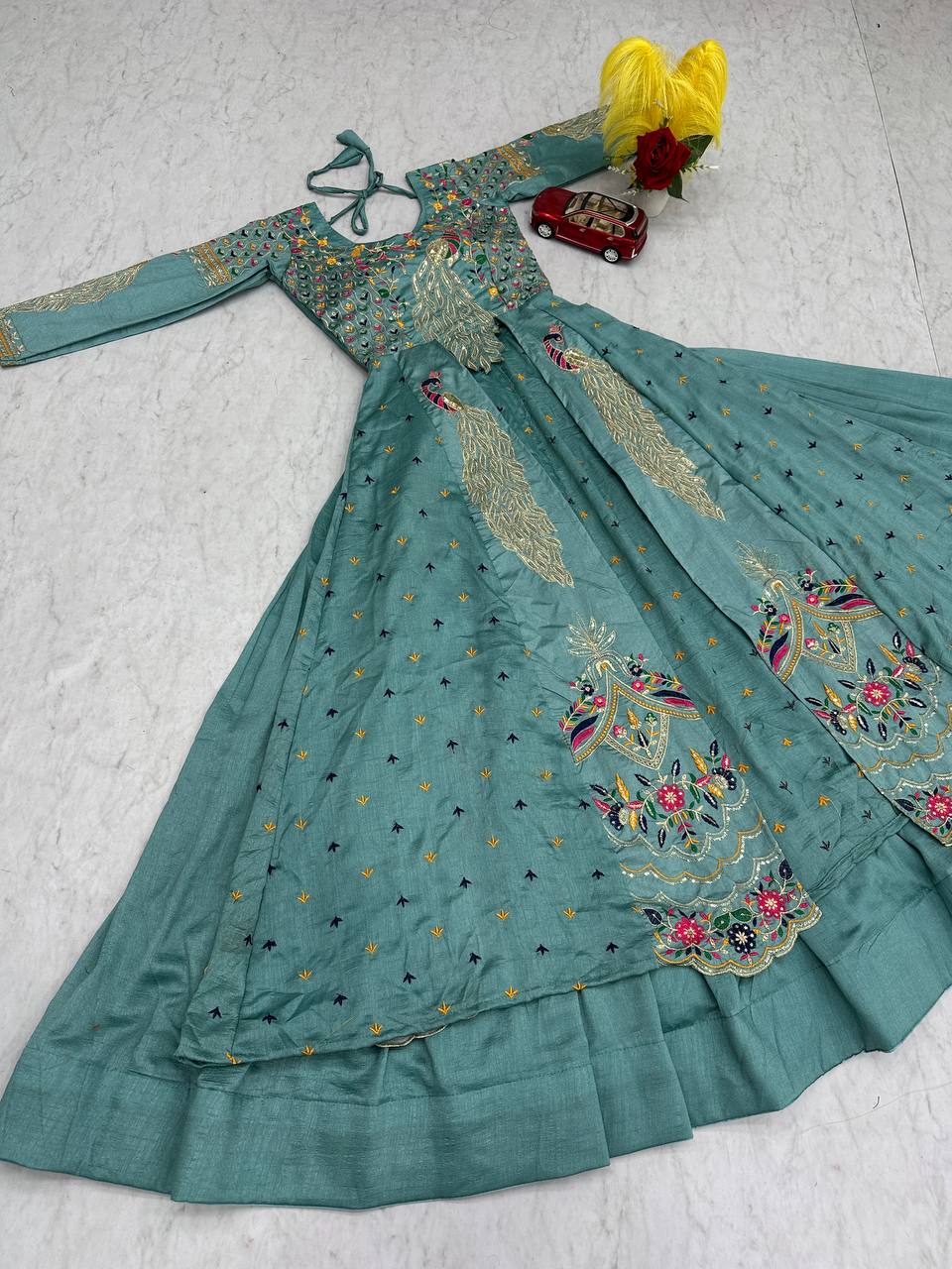 Mani Teal Color Vichitra Silk Crop Top Peacock Design Lehenga with Embroidered Shrug