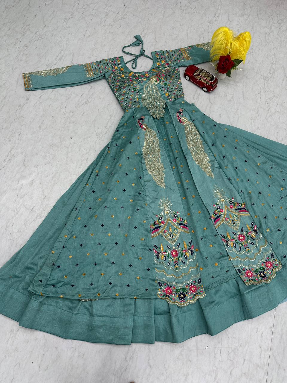 Mani Teal Color Vichitra Silk Crop Top Peacock Design Lehenga with Embroidered Shrug