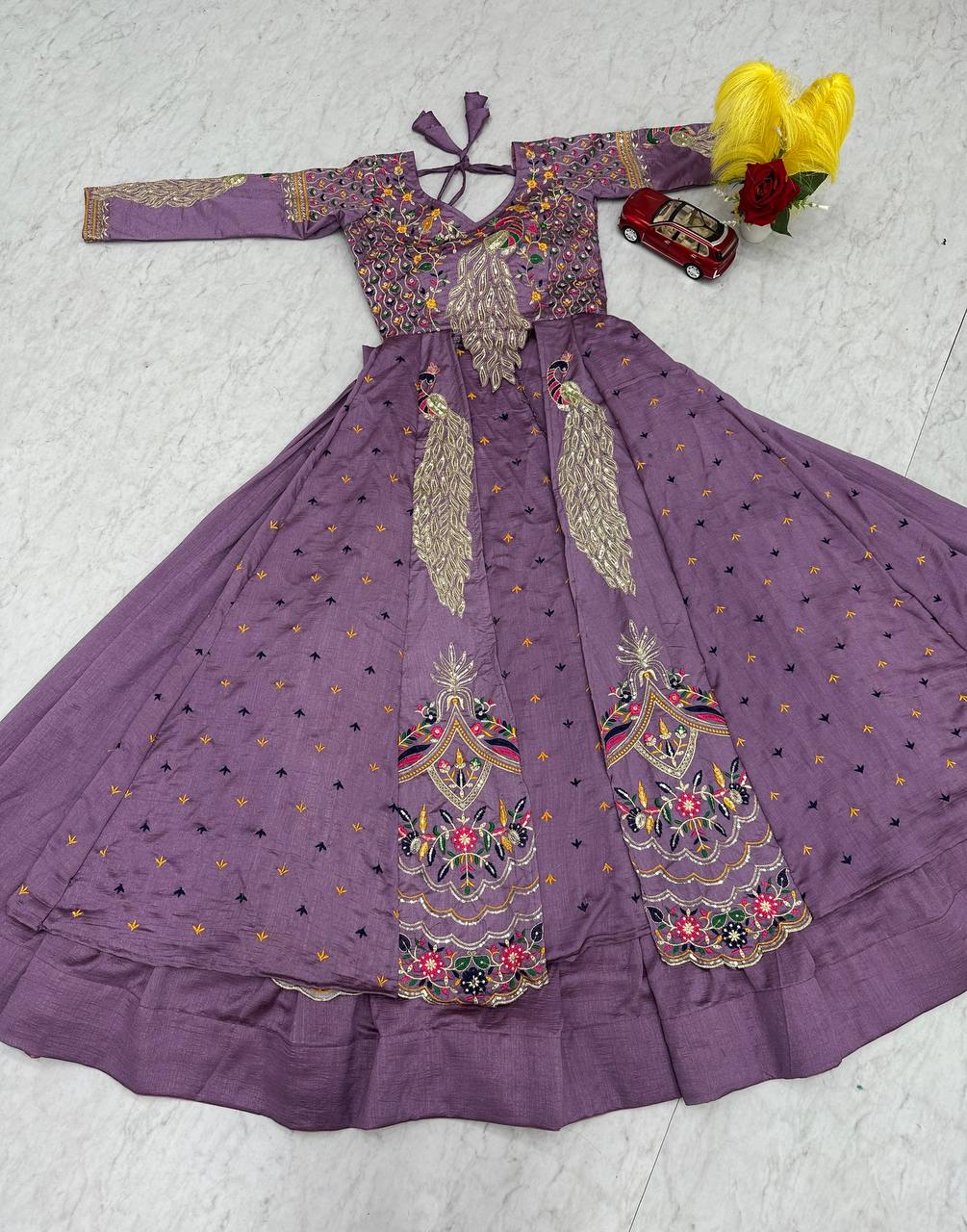Mani Lavender Color Vichitra Silk Crop Top Peacock Design Lehenga with Embroidered Shrug