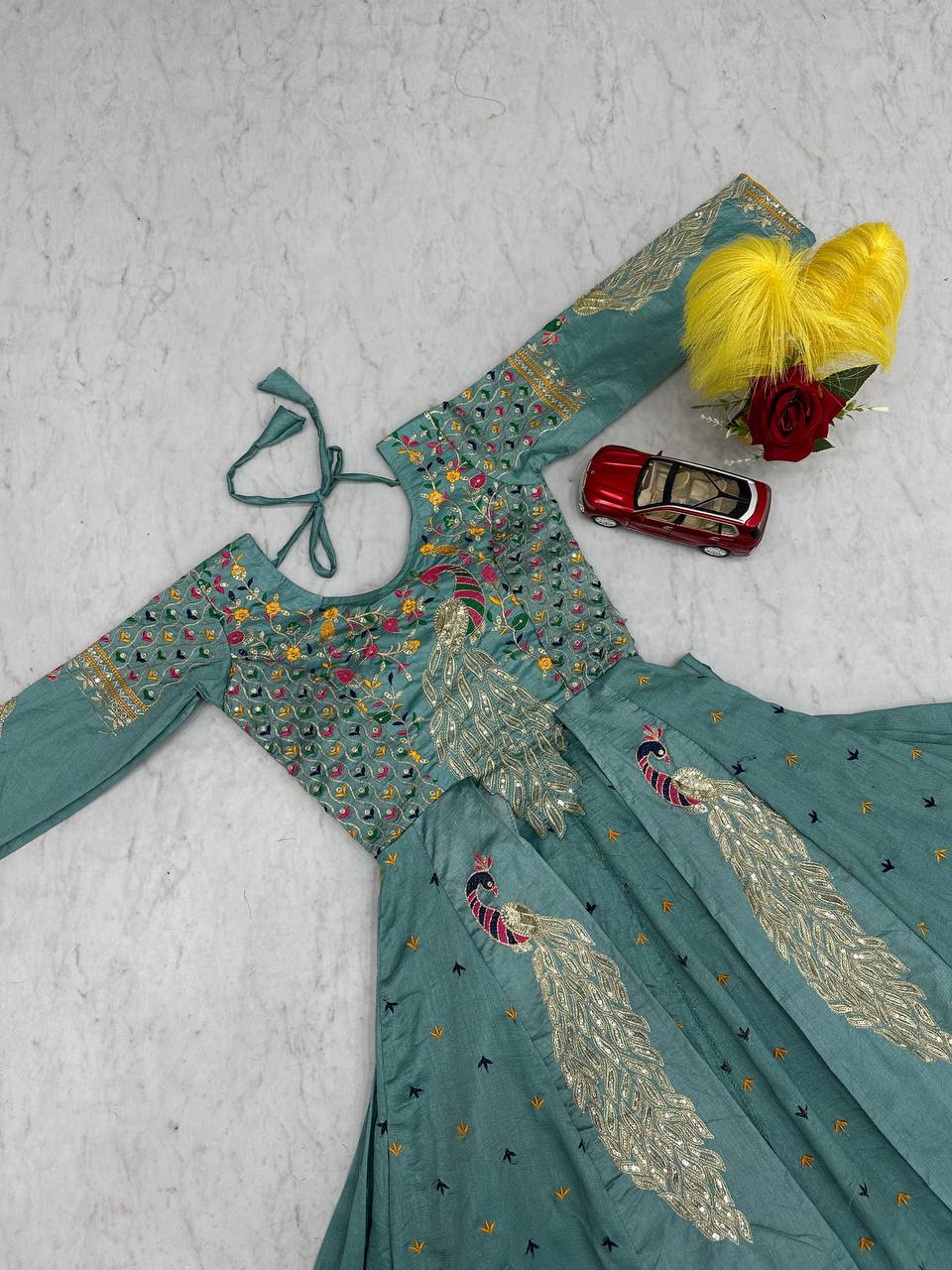 Mani Teal Color Vichitra Silk Crop Top Peacock Design Lehenga with Embroidered Shrug