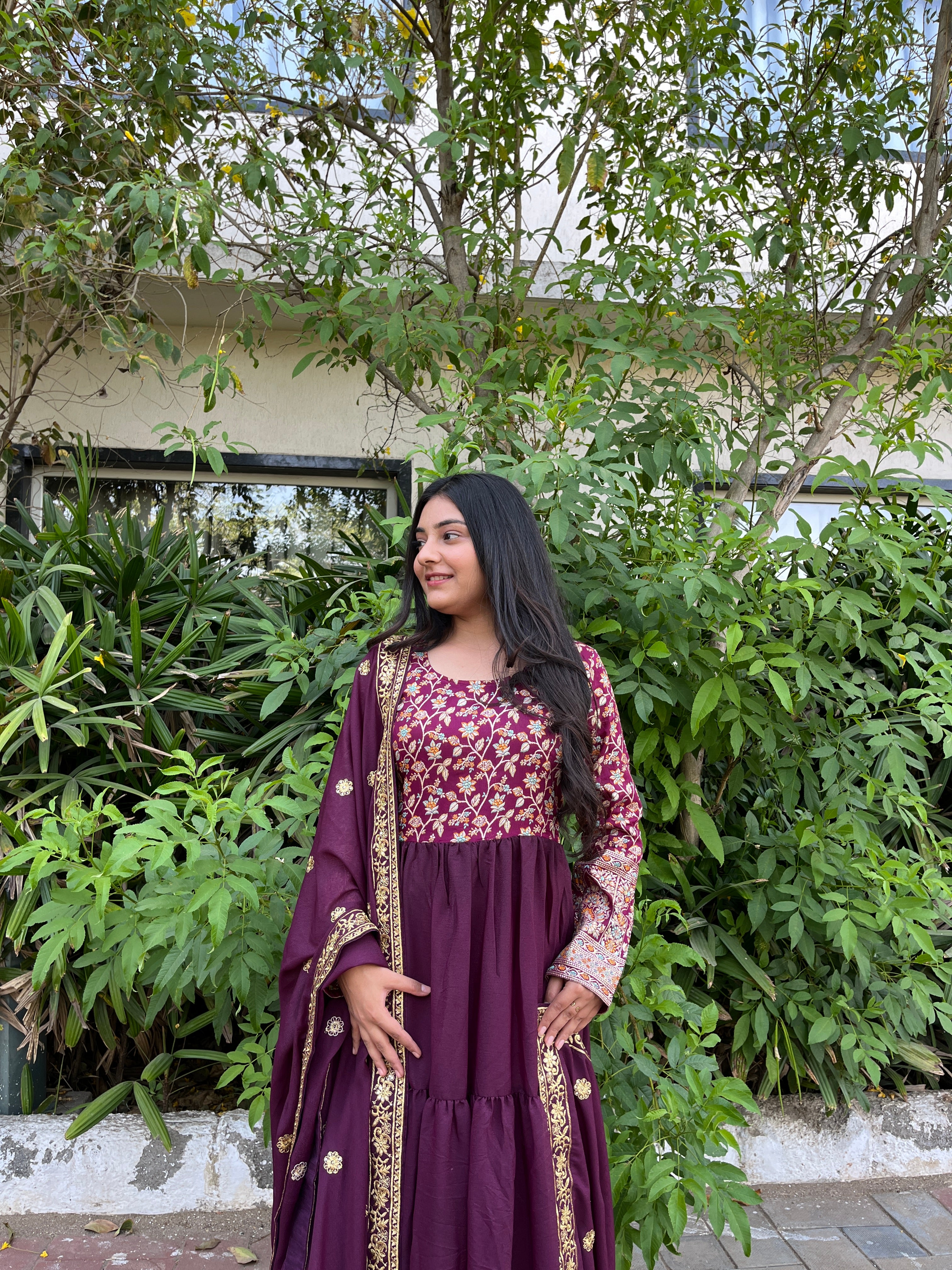 Gitanjali purple faux blooming sequins embroidered gown with dupatta