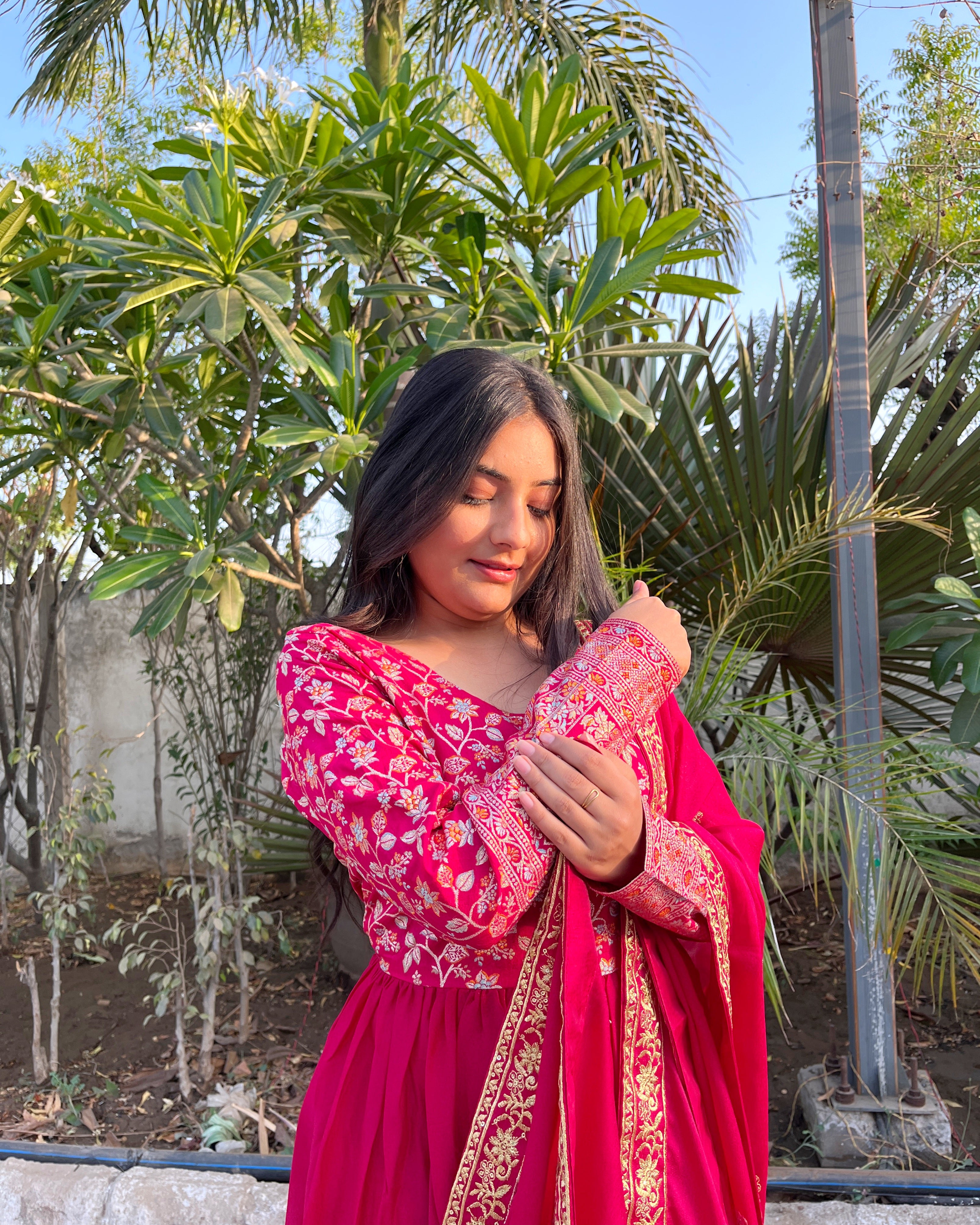 Gitanjali pink faux blooming sequins embroidered gown with dupatta