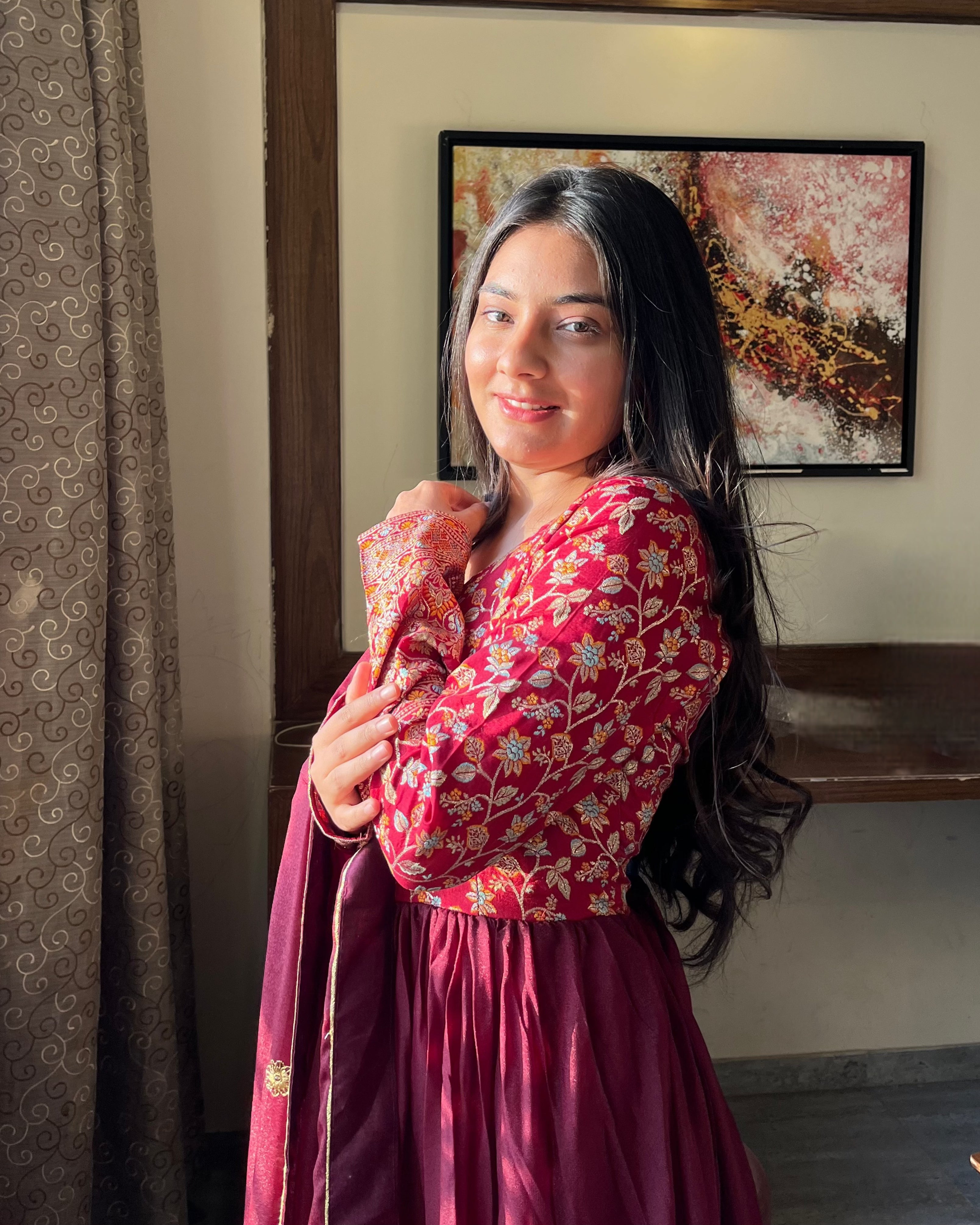 Gitanjali wine faux blooming sequins embroidered gown with dupatta