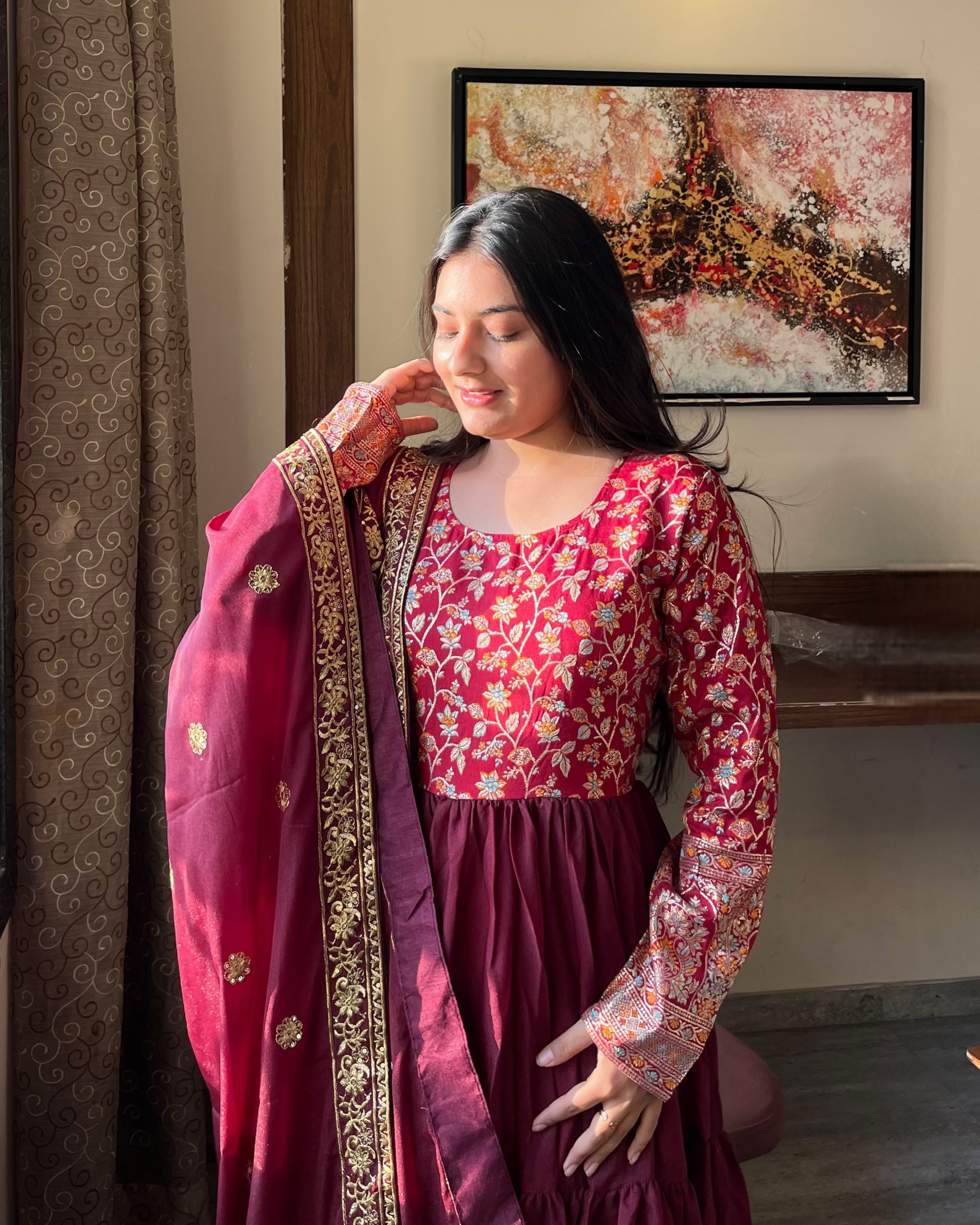 Gitanjali wine faux blooming sequins embroidered gown with dupatta