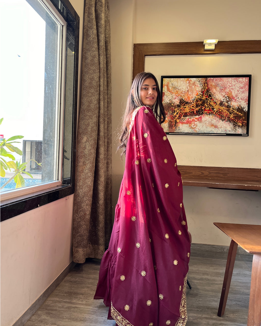 Gitanjali wine faux blooming sequins embroidered gown with dupatta