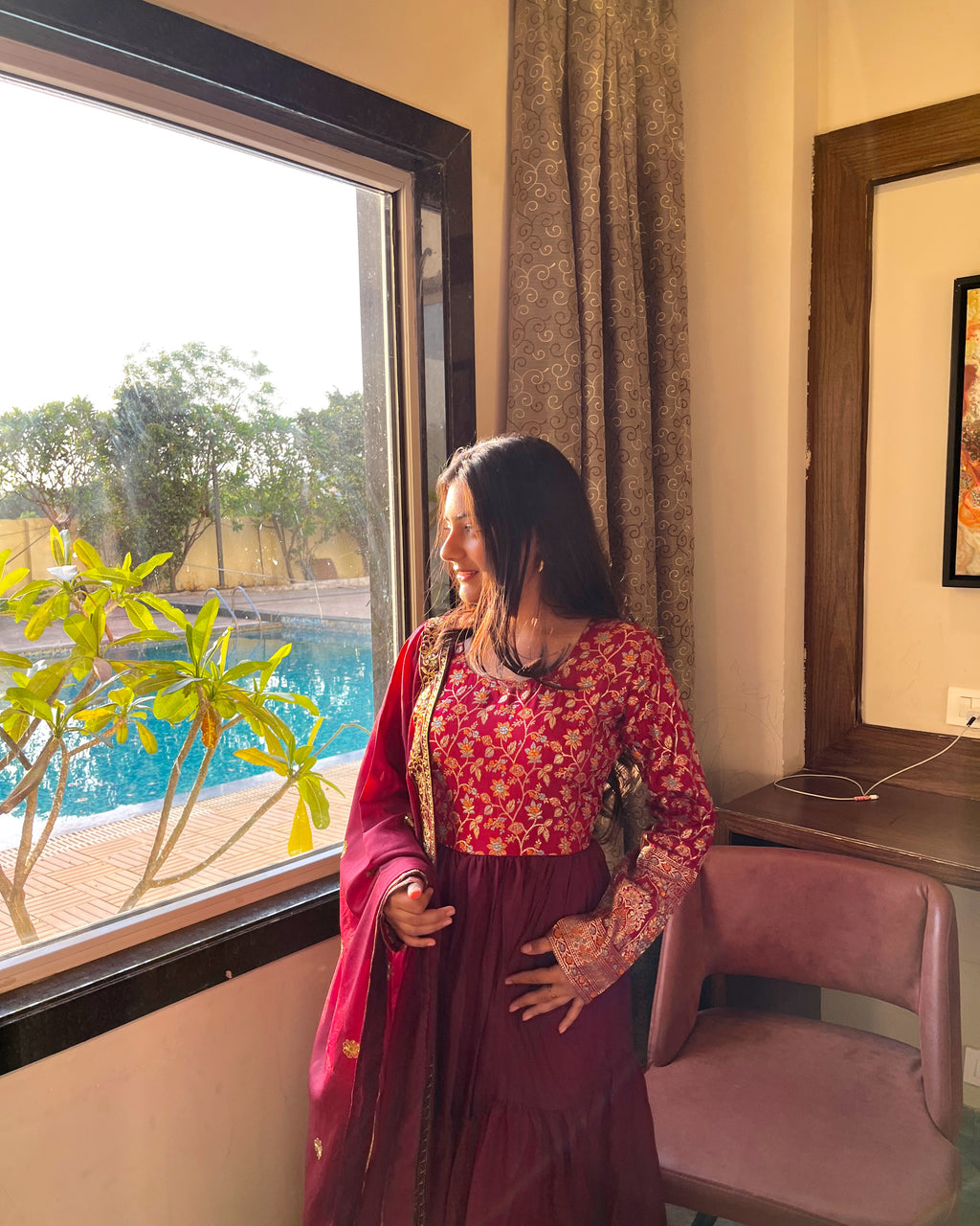 Gitanjali wine faux blooming sequins embroidered gown with dupatta