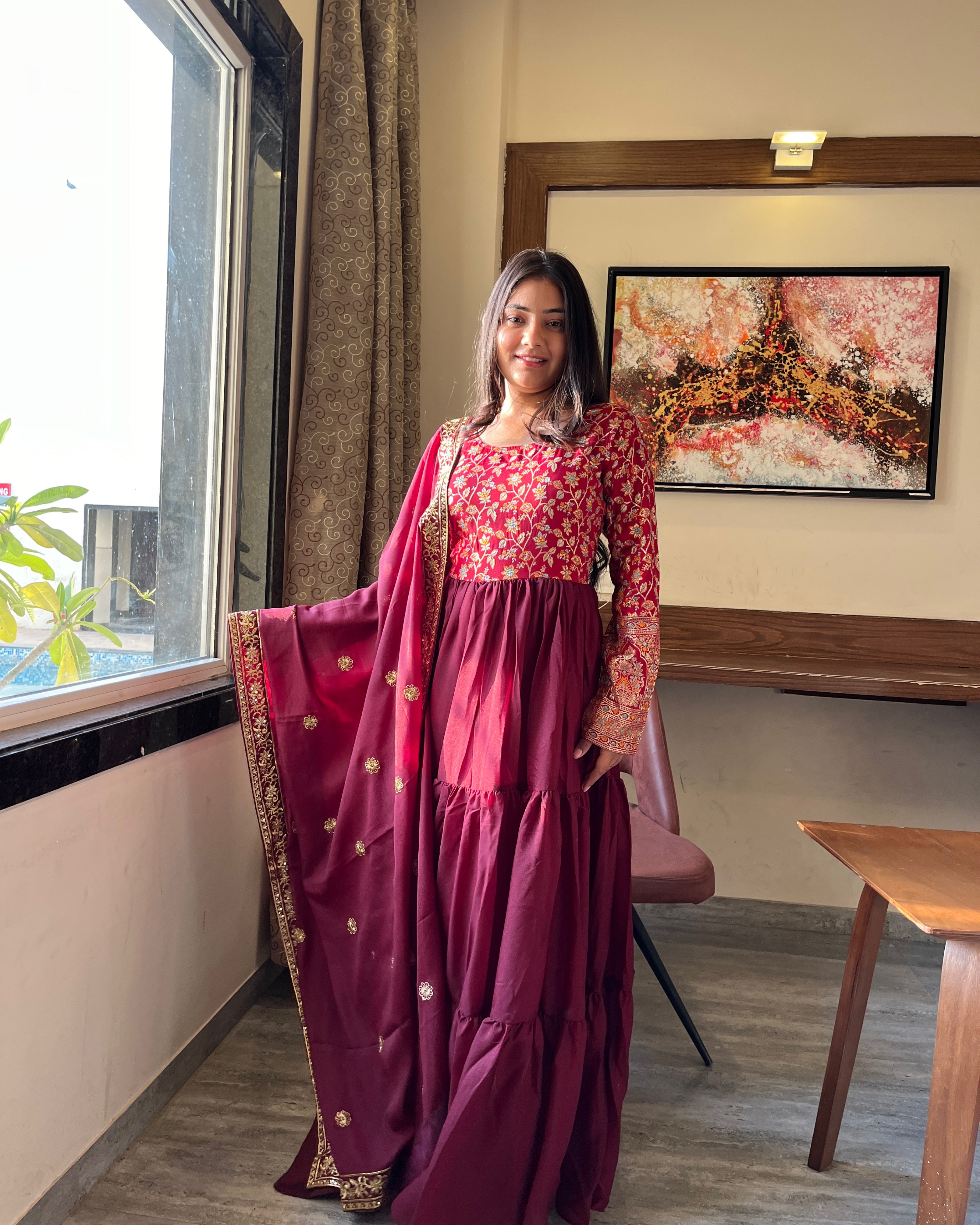 Gitanjali wine faux blooming sequins embroidered gown with dupatta