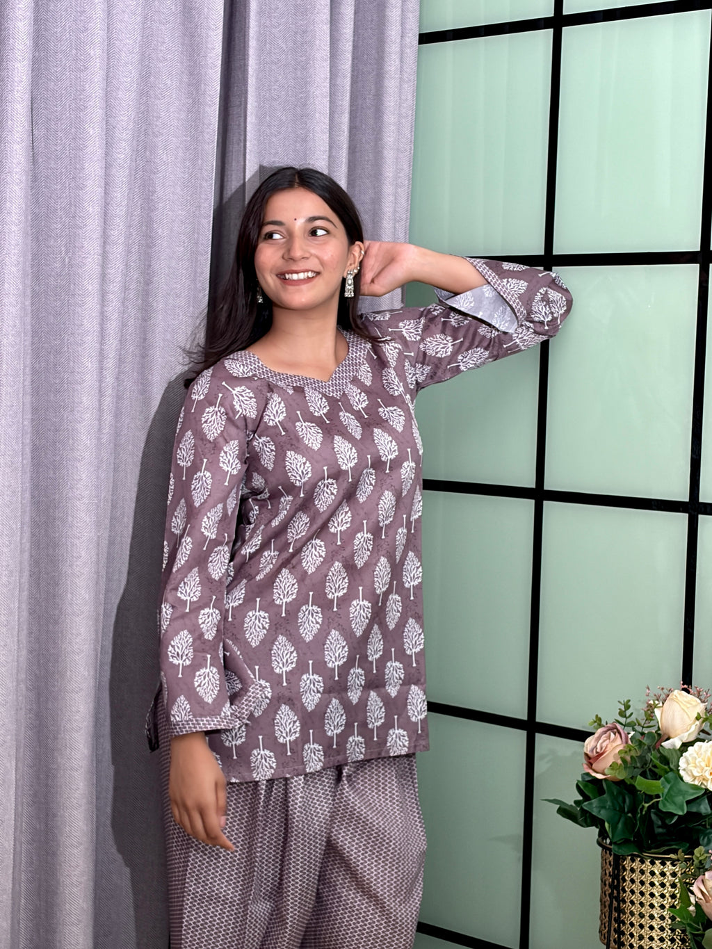 Mauve Grey Cotton Kurti Set with White Botanical Print
