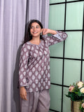 Mauve Grey Cotton Kurti Set with White Botanical Print